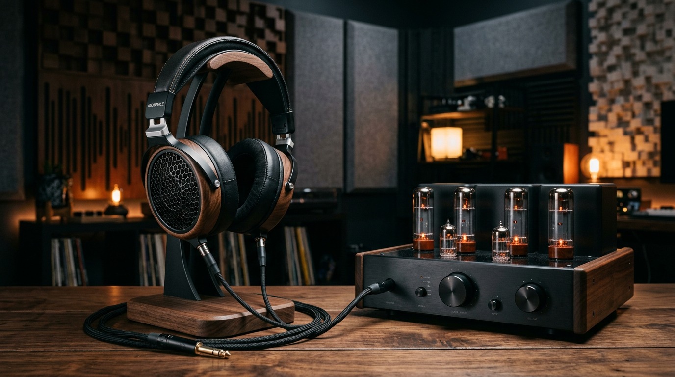 Auriculares audiófilos de alta fidelidad Noveldy sobre soporte de madera noble